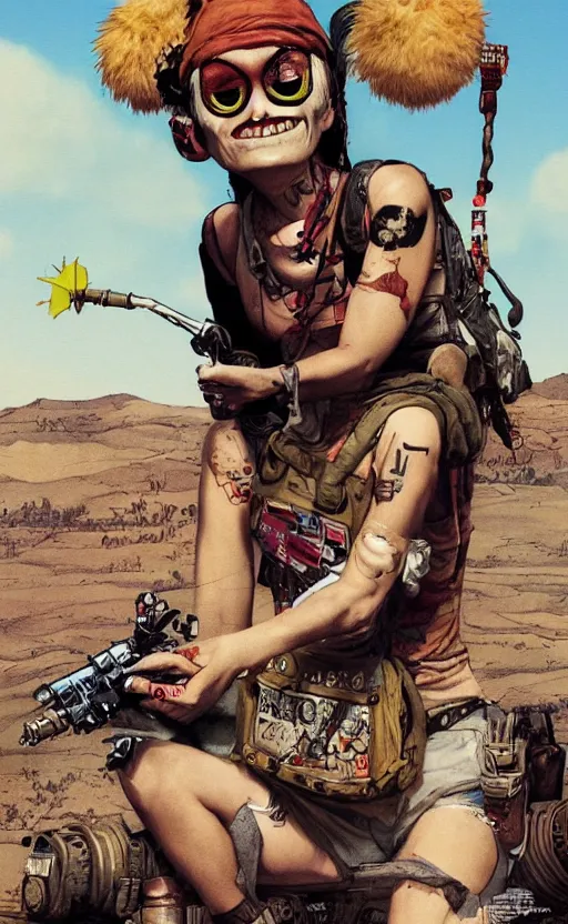 Image similar to jamie hewlett tank girl in the desert, hd render, highly detailed, realistic, digital art