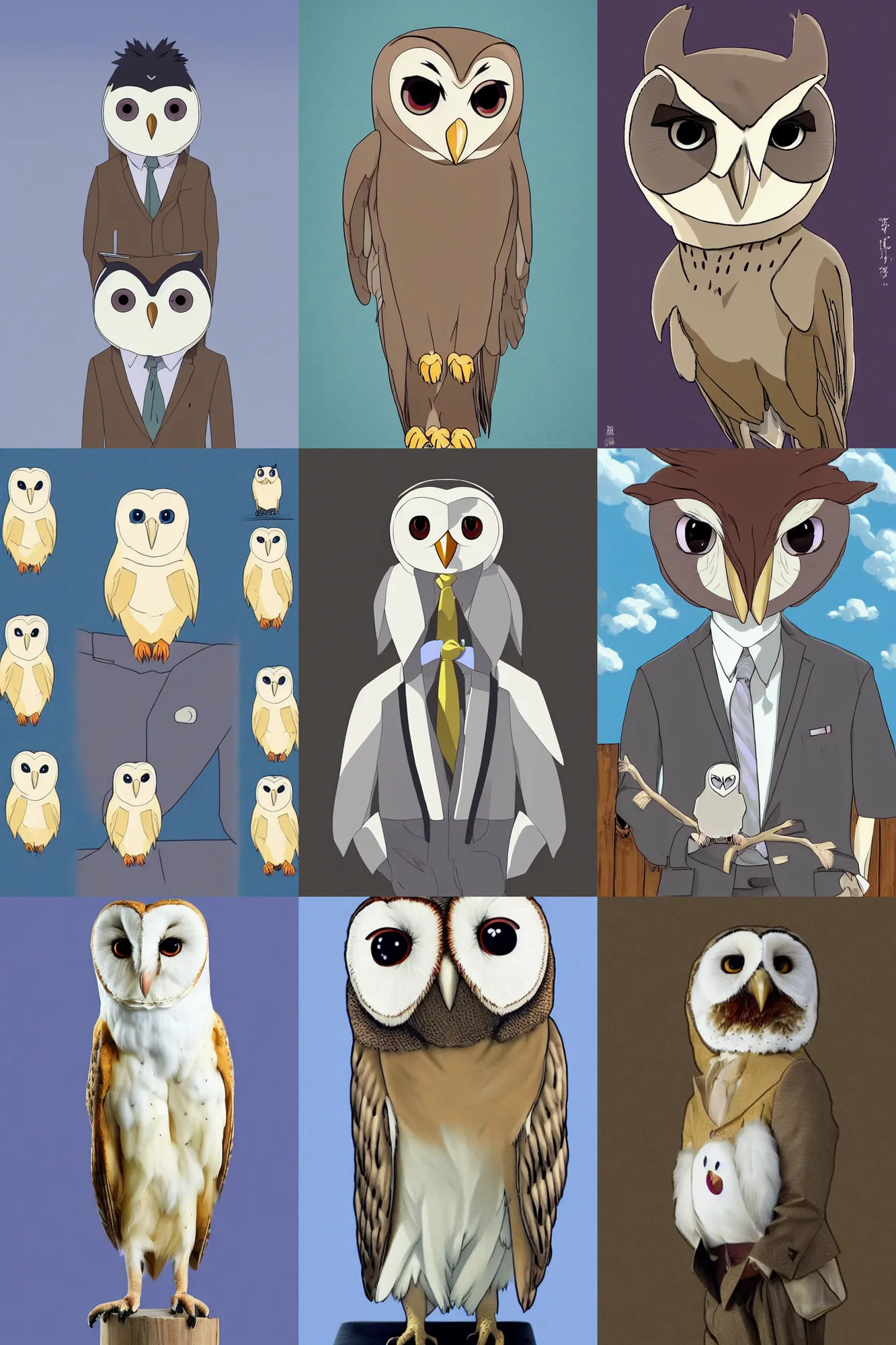 Prompt: a shoot of a cute anthropomorphic barn owl wearing a suit in a Studio Ghibli movie, symetric face and body, highly detailed,anime