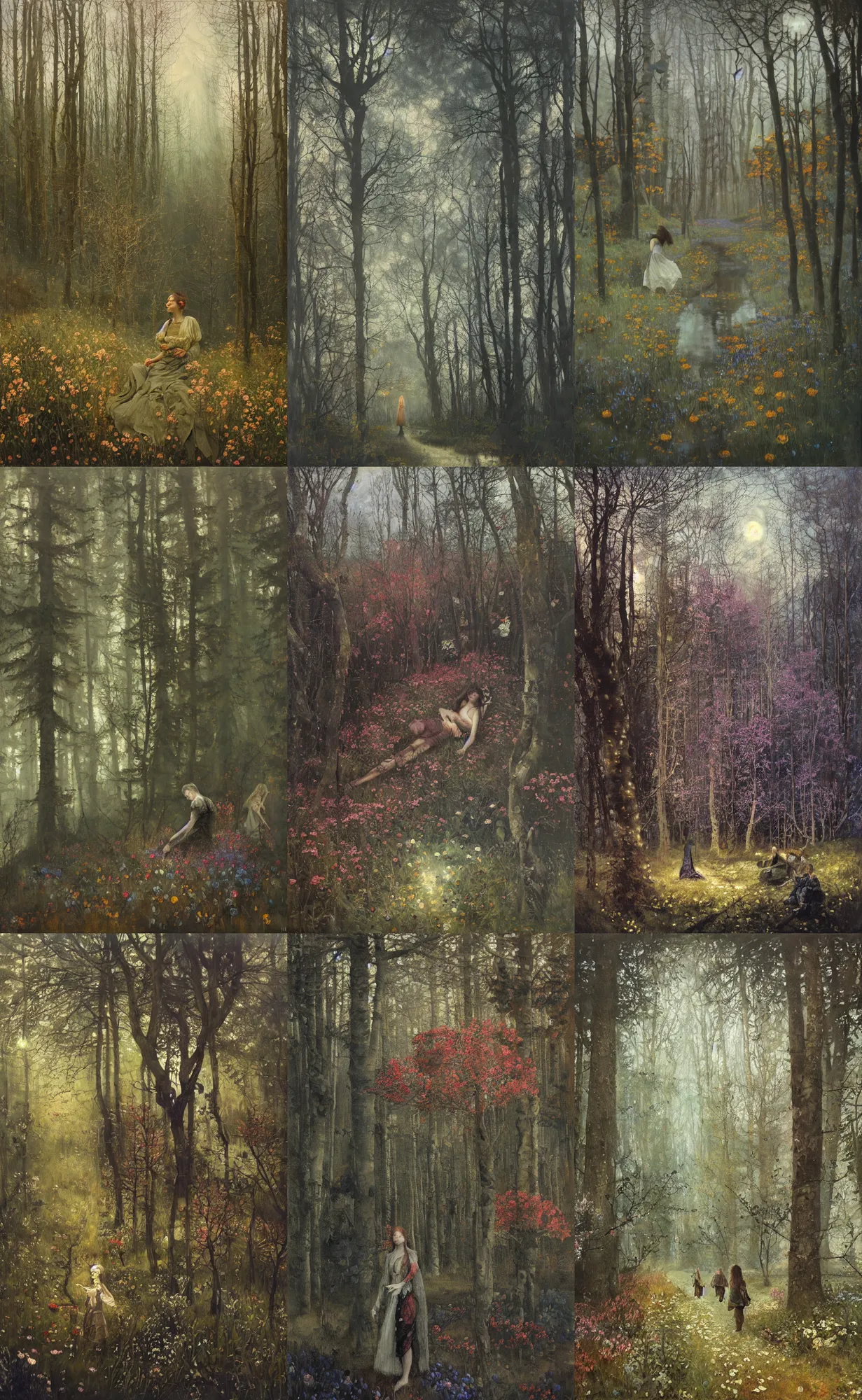 Prompt: painterly dreamy dark forest with trees, flowers, birds, barely seen women, liana, thistle and midnight sky by Mikhail Vrubel, Aron Wiesenfeld dark fantasy, witcher, very detailed oil painting, masterpiece, 8k