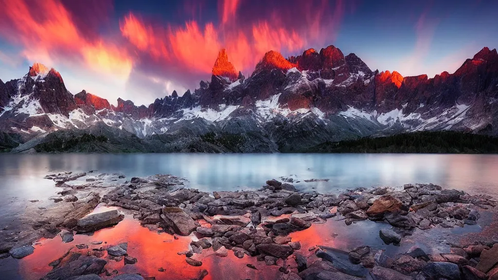 Image similar to amazing landscape photo of mountains with lake in sunset by marc adamus, beautiful dramatic lighting