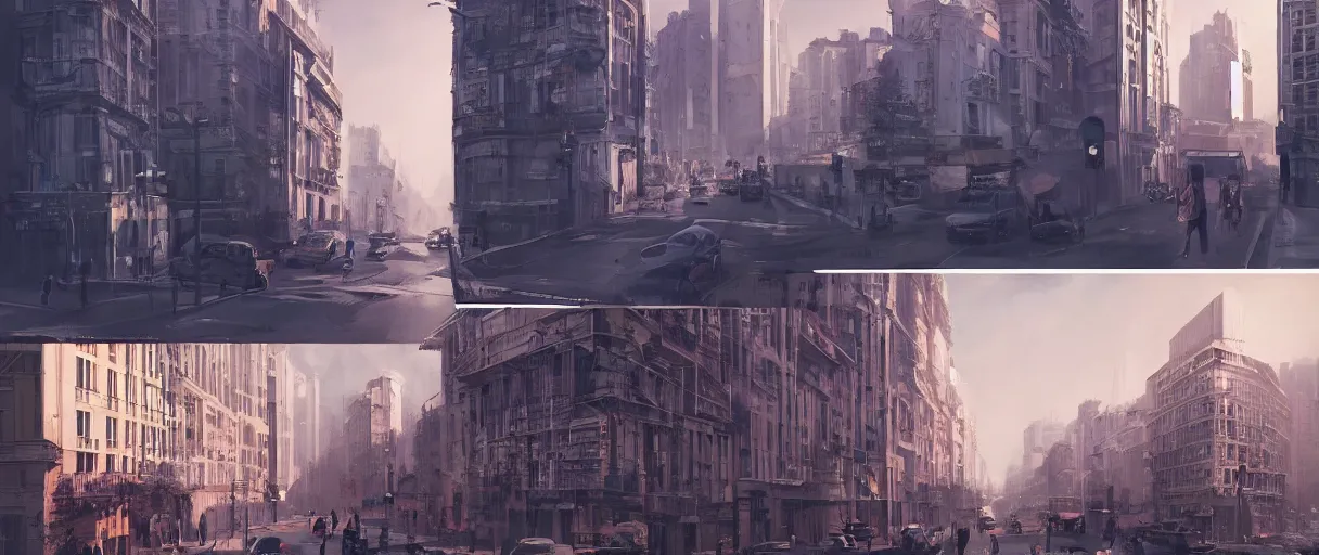 Prompt: modern city, Parisian buildings, billboards, advertisements, small buildings, dark, matte painting, concept art, digital painting, style of Ian Hubert, warm lighting, futuristic, volumetric lighting, street view, daytime, godrays , high detail, no sky scrapers