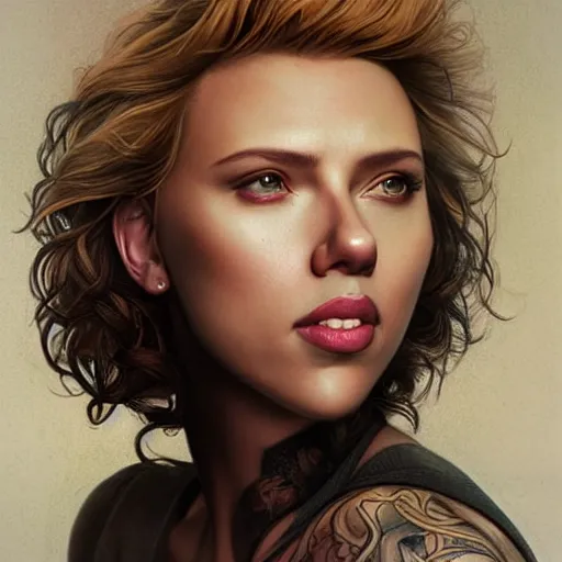 Image similar to Beautiful female Scarlett Johansson:: tattoo sleeves:: smile and showing face, middle shot, exciting, fun, realistic character concept, slender symmetrical body:: tattoos:: artstation, cinematic lighting, hyperdetailed, cgsociety, 8k, high resolution:: Tom Bagshaw, Joshua Middleton, Gottfried Helnwein, Rafeal Albuquerque comic:: insanely detailed and intricate