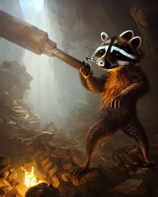 Image similar to oil painting of poor anthropomorphized raccoon miner mining gold, pickaxe, close shot, full body, dark steampunk mine shaft background, sharp focus, fantasy style, octane render, volumetric lighting, 8k high definition, by greg rutkowski, highly detailed, trending on art Station, dungeons and dragons artwork, centered