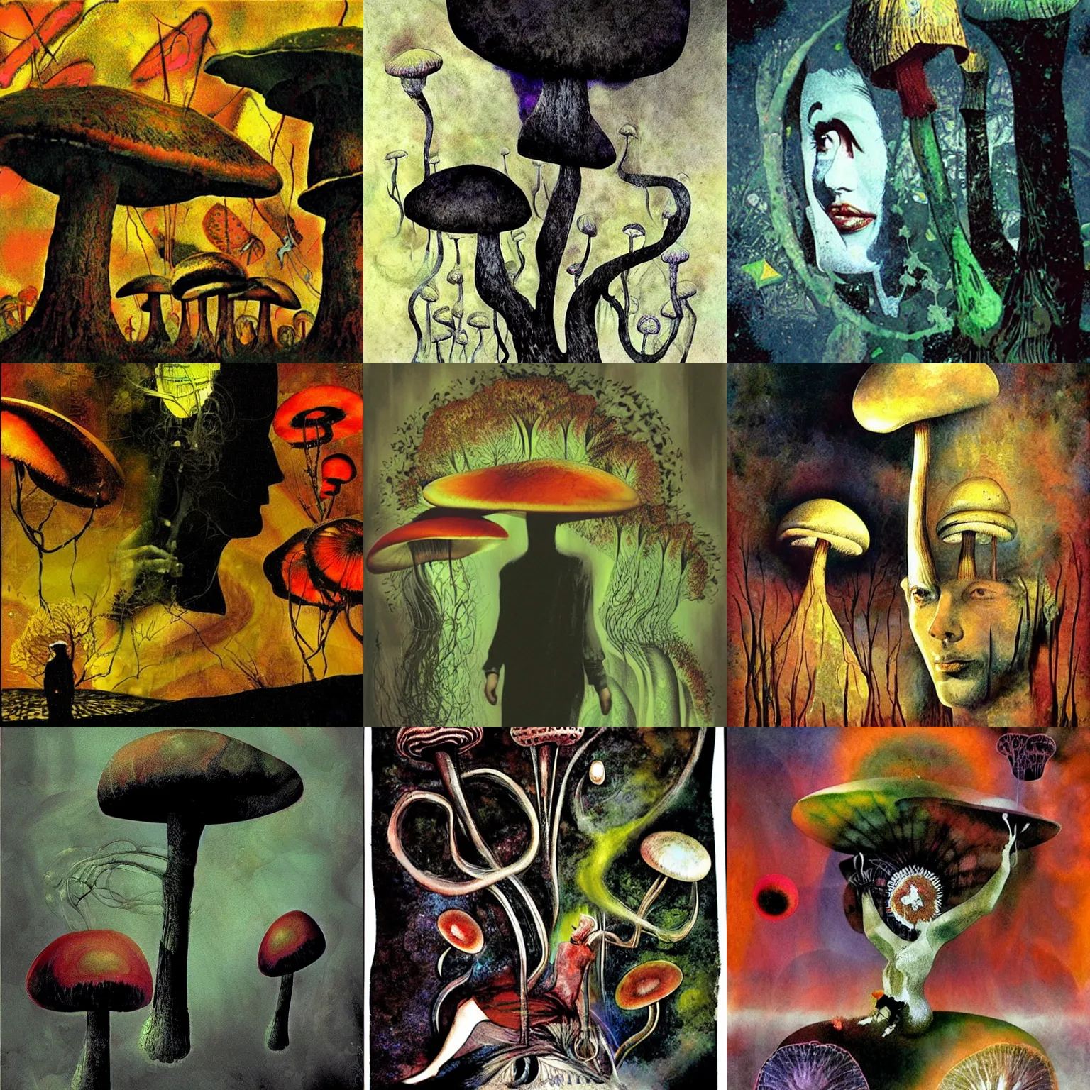 Image similar to psychedelic mushrooms dream, by dave mckean