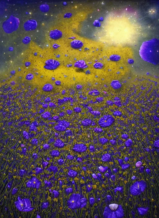 Image similar to detailed, intricate blue black and purple papaverum flower on the field, nebula, galaxy in the sky, winning award masterpiece, fantastically beautiful, illustration, aestheticly inspired, jacek yerka, upscale with anguissola sofonisba work, artstation, 8 k