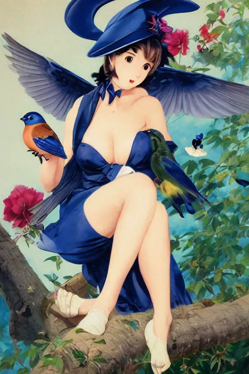 Image similar to anime pinup girl holding an indigo bunting, bird, the bird is wearing a bowtie, by greg rutkowski, rossdraws, gil elvgren, enoch bolles, anime, porcelain skin, very coherent