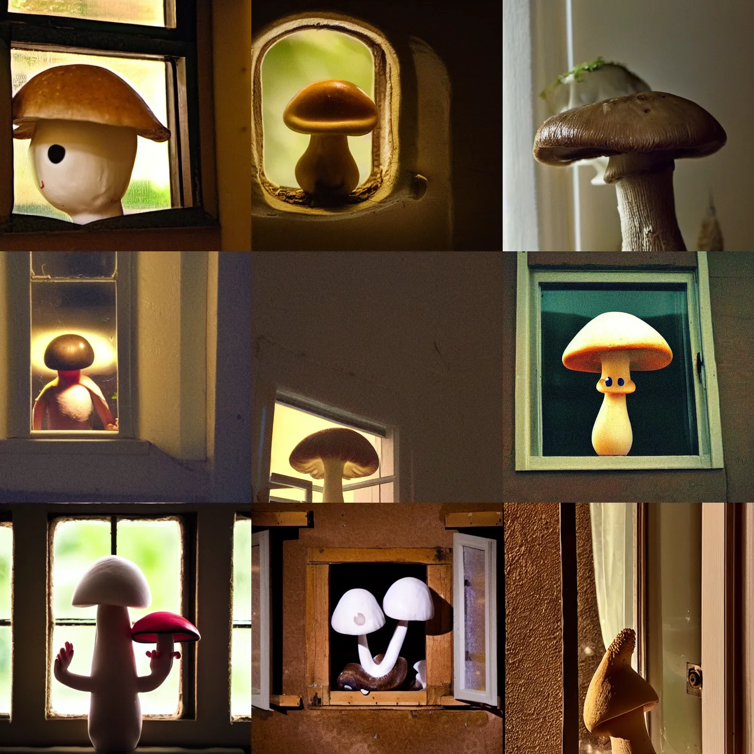 Prompt: mushroom man outside the window at night peering in. mushroom with eyes standing outside the kitchen window