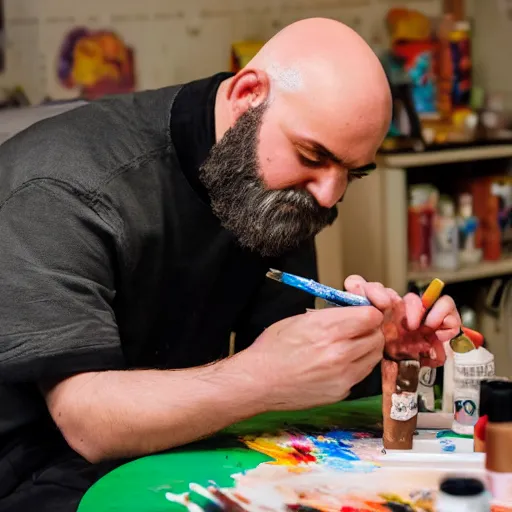 Image similar to a bald man with a beard meticulously painting an anime girl figurine in his basement