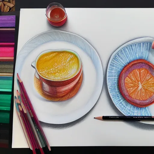 Image similar to Colored pencil art on paper, Five star morning breakfast, highly detailed, artstation, MasterPiece, Award-Winning, Caran d'Ache Luminance