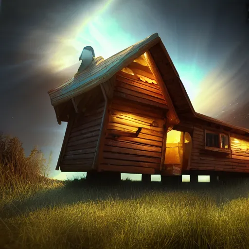 Prompt: a whale with a wooden house on his back, lights are on in the house, digital art, unreal engine, epic lighting, amazing, dreamlike, 3d render