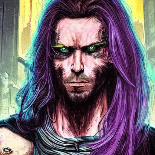 Prompt: long haired man with extremely large and intricate eye cyberpunk bionics with angry purple eyes and slim features looking askance,