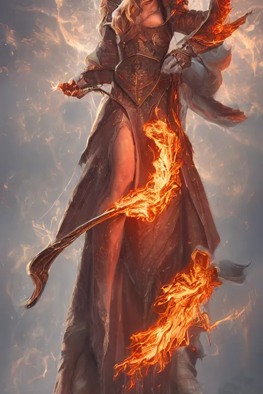 Image similar to A hyper-detailed image of concept art of a female wizard, fire element as painted by Marieke Nelissen, HD, hyper-fidelity, ray tracing, god rays, digital art, trending on artstation, artstationHD, artstationHQ, 4k, 8k