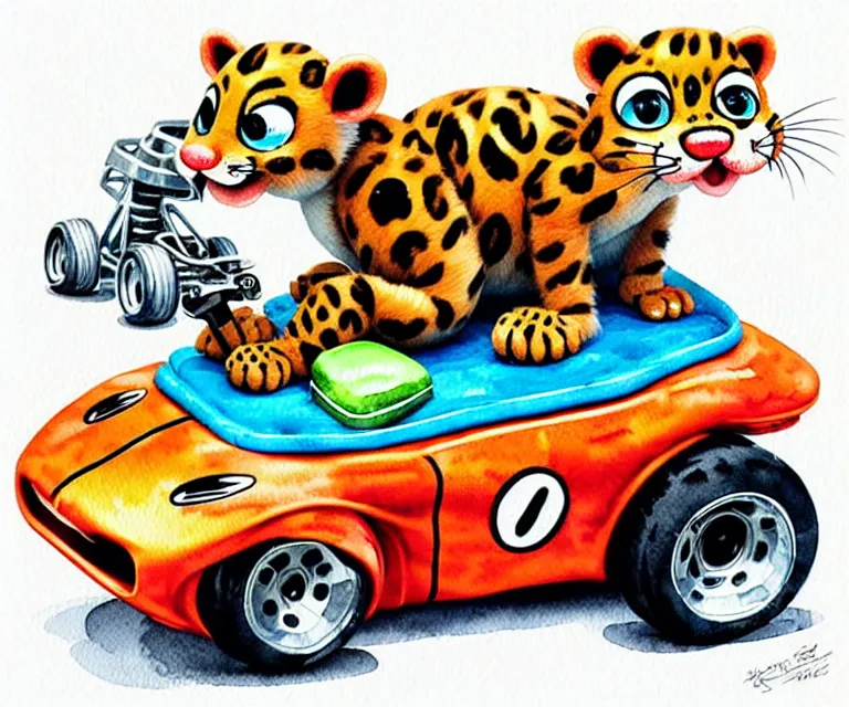 Image similar to cute and funny, baby leopard riding in a tiny go kart with oversized engine, ratfink style by ed roth, centered award winning watercolor pen illustration, isometric illustration by chihiro iwasaki, edited by range murata, tiny details by artgerm and watercolor girl, symmetrically isometrically centered