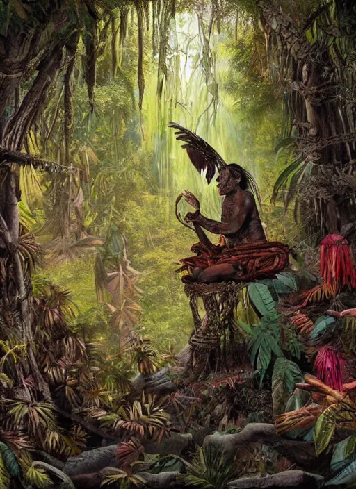 Image similar to a beautiful painted portrait of an indigenous shaman chanting in the jungle, matte painting, fantasy art, ayahuasca