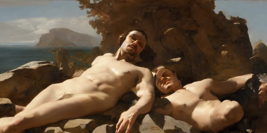 Prompt: highly detailed painting of a men laying on rocks, big rocks, sharp focus, dramatic scene, aesthetic, dynamic lighting, elegant, harmony, masterpiece, by roberto ferri, high quality