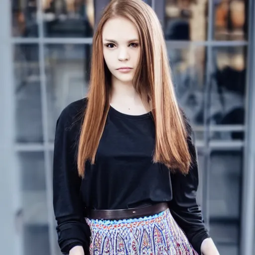 Prompt: pretty short girl with long straight hair, skirt, long sleeve band shirt