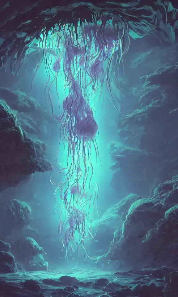 Prompt: bioluminescent jellyfish in an underwater cave, megalophobia, highly detailed, magic fantasy, digital art, vibrant colors, keyframe illustration, trending on artstation, andreas rocha, sylvain sarrailh, darek zabrocki, finnian macmanus, dylan cole, liang mark, albert bierstadt, sung choi, peter mohrbacher, greg rutkowski