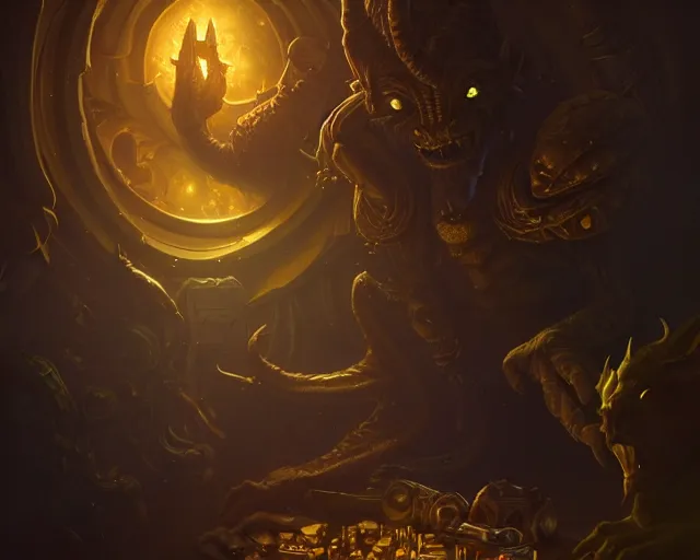 Image similar to a 4 k cinematic screenshot still portrait of a goblin in a dark liminal space room surrounded by gold, deep focus, d & d, fantasy, intricate, elegant, highly detailed, digital painting, art station, concept art, matte, sharp focus, illustration, dark fantasy style art, hearthstone, art by artgerm and greg rutkowski and alphonse mucha