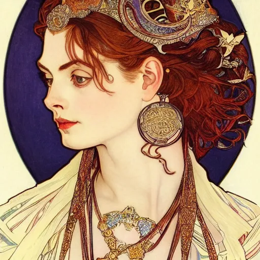 Image similar to ann hathaway portrait by louis - theophile hingre and alphonse mucha, realistic, sharp focus, zodiac signs, tarot cards, planets, ethereal, art nouveau, magic, moon, sun, crown, dreamy, royal, jewellery