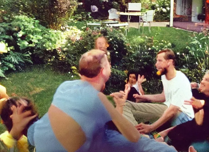 Prompt: Home video footage, Color VHS picture quality with mixed noise, Filmed by dad. Home party in the garden.