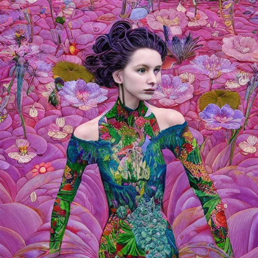 Prompt: pretty model with botanical and water lilies : : by martine johanna and simon stalenhag and chie yoshii and casey weldon and wlop : : ornate, dynamic, particulate, rich colors, intricate, elegant, highly detailed, vogue, harper's bazaar art, fashion magazine, smooth, sharp focus, 8 k, octane render