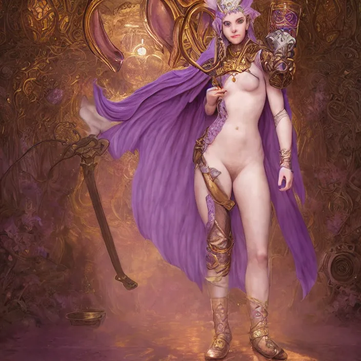 Image similar to d & d bard with her lilac leather armor in a temple, volumetric lighting, fantasy, intricate, elegant, highly detailed, lifelike, photorealistic, digital painting, artstation, fox ears, illustration, concept art, sharp focus, by john collier and albert aublet and krenz cushart and artem demura and alphonse mucha