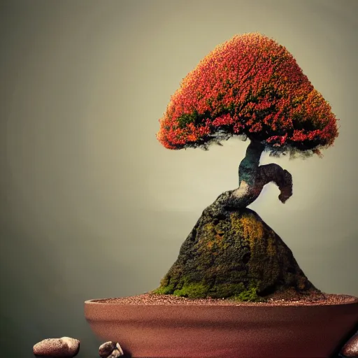 Image similar to A picture of a planet of various flowers, fungus and plants, Bonsai , in which the human figure is dressed in something magical and impressive, inside the picture is infinity, muted light, BotanicalAtmospheric phenomenon, artistic photography, muted colors, conceptual, Kodachrome