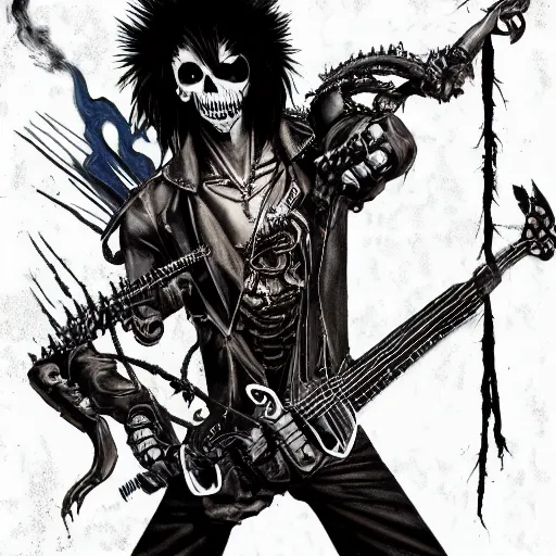 Image similar to a portrait of the grim reaper as a punk rocker playing an electric guitar, punk, skeleton face, mohawk, dark, fantasy, leather jackets, spiked collars, spiked wristbands, piercings, boots, ultrafine detailed painting by frank frazetta and vito acconci and michael whelan and takeshi obata, death note style, photoshop details