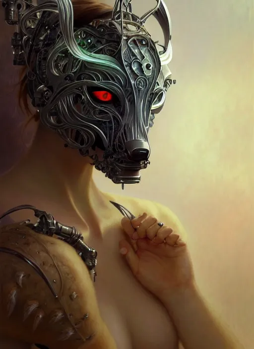 Prompt: organic cyborg, wolf mask, diffuse lighting, fantasy, intricate, elegant, highly detailed, lifelike, photorealistic, digital painting, artstation, illustration, concept art, smooth, sharp focus, art by John Collier and Albert Aublet and Krenz Cushart and Artem Demura and Alphonse Mucha