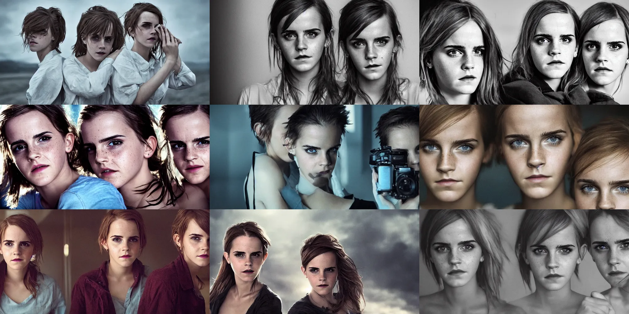 Prompt: portrait emma watson identical twins pale blue eyes short spiky hair gel screaming greg rutkowski!!! greg rutkowski!!! james gurney james gurney canon eos david bailey!!! david bailey!!!! corinne day cinematic filmic photorealistic hyperdetailed cinematic lighting canon fujifilm sony alpha nikon