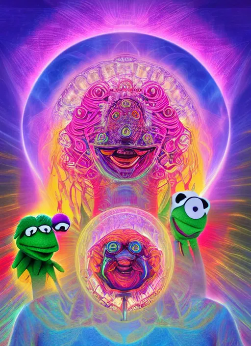 Prompt: muppet transcendence into collaborative intelligence, group intelligence, ai, by alex grey, album cover, award winning, beautiful, colorful, volumetric lighting, trending on artstation