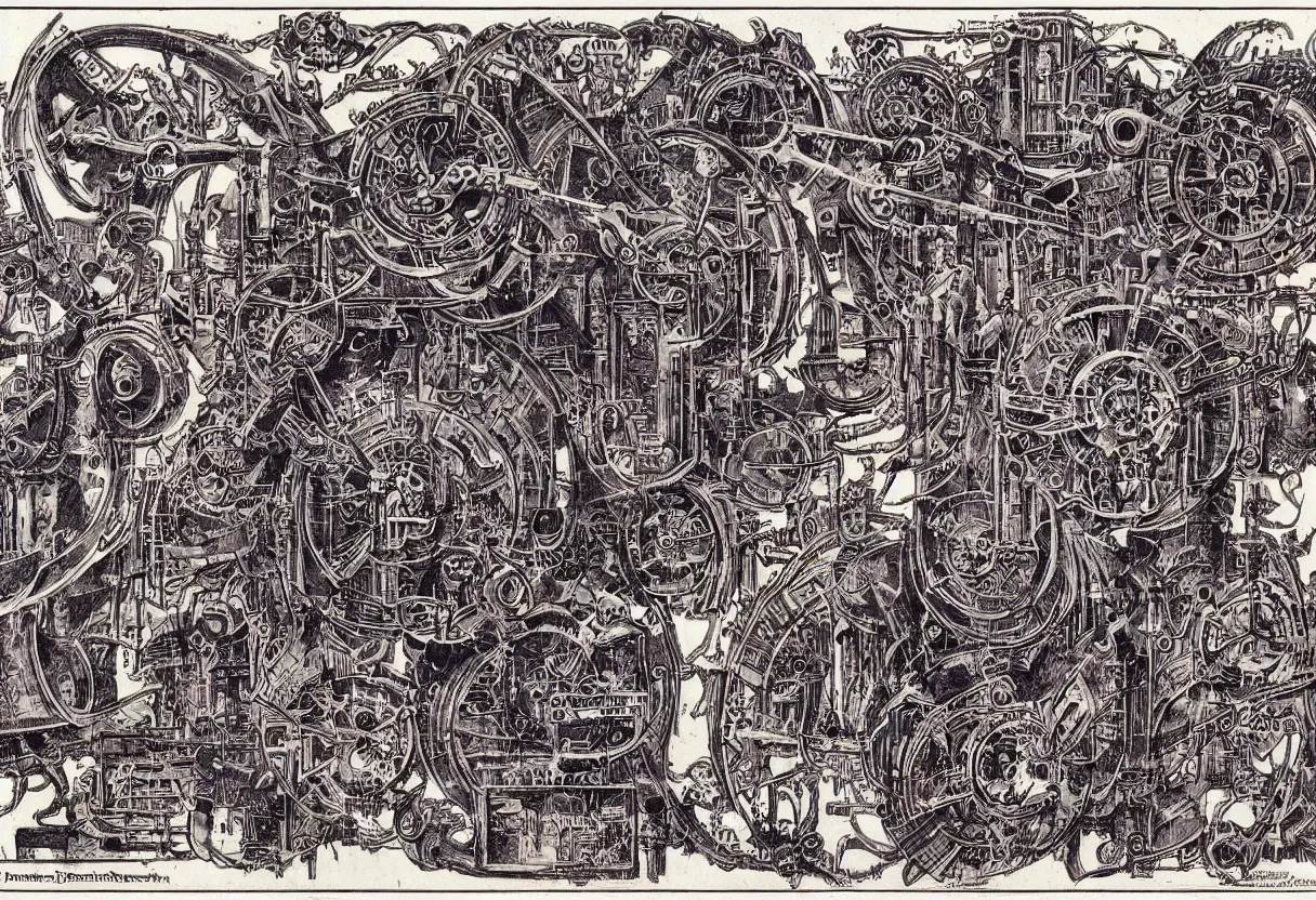 Prompt: blueprint of demonic machine from necronomicon, plenty colorfully annotations in blood, sumerian language, by rutkowsky and gerald brom and frazetta and rembrandt