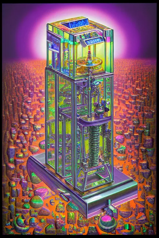 Prompt: a photorealistic painting of the transparent glass diamond isometric nightmare machine by johfra bosschart, lisa frank, dark fantasy art, high detail, trending on artstation