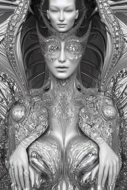 Image similar to a highly detailed portrait of a beautiful alien woman goddess bella hadid in iris van herpen dress in diamonds and fractals in style of alphonse mucha art nuvo gustav klimt trending on artstation made in unreal engine 4