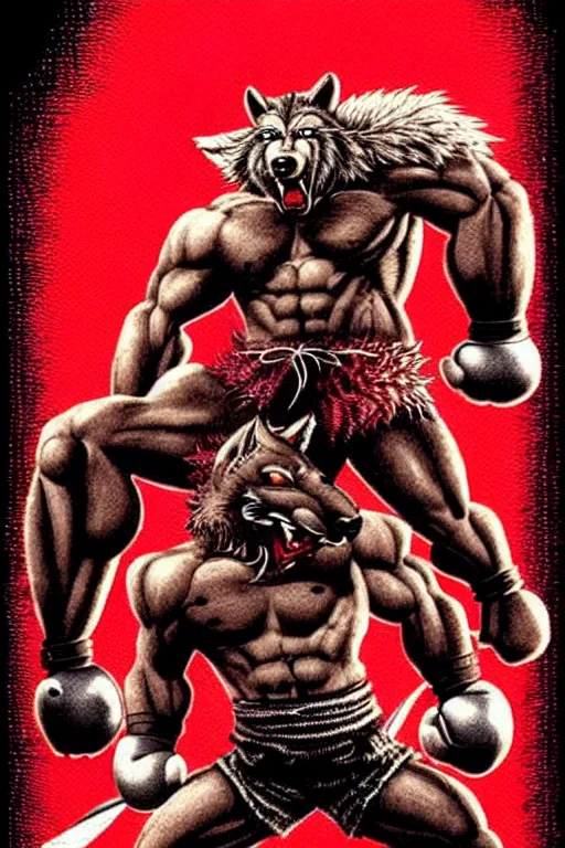 Image similar to extreme long shot. 8 bit nes graphics. antropomorphic muscular masculine wolf. kickboxer fighter, in shorts. wolf head. angry. fine details, very sharp, art from nes game cartridge, 8 0's, vhs artefacts, vaporwave style, marc simonetti and hermann nitsch and anish kapoor.