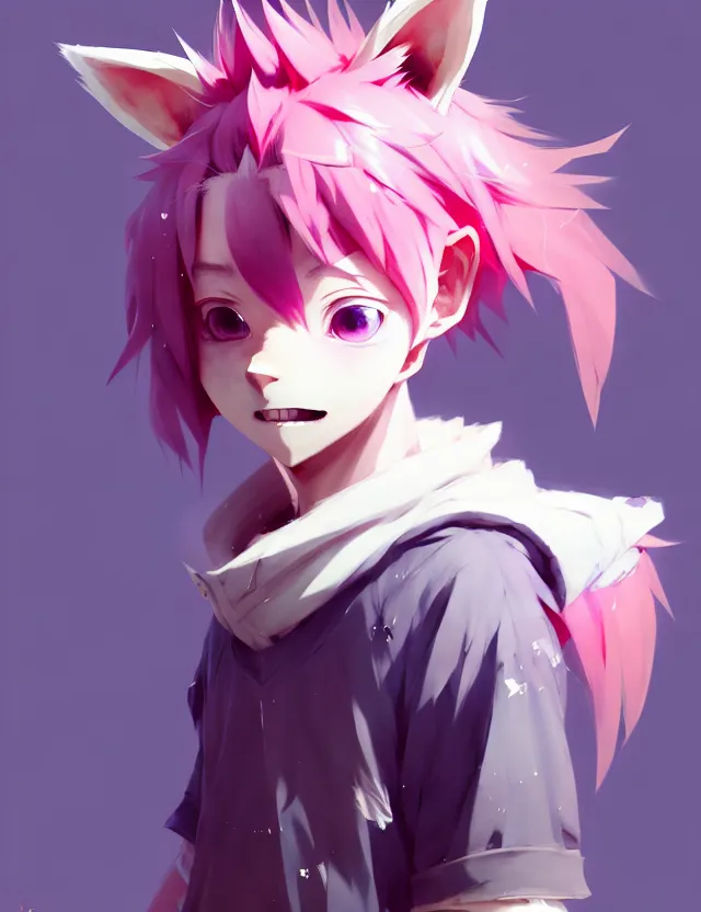 Image similar to a beautiful fullbody portrait of a cute anime boy with pink hair and pink wolf ears. character design by cory loftis, fenghua zhong, ryohei hase, ismail inceoglu and ruan jia. artstation, volumetric light, detailed, photorealistic, fantasy, rendered in octane