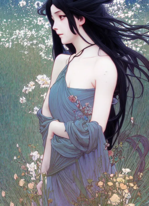 Image similar to pretty young woman with long black hair walking in the darkness, path traced, highly detailed, high quality, digital painting, by studio ghibli and alphonse mucha, leesha hannigan, makoto shinkai, disney