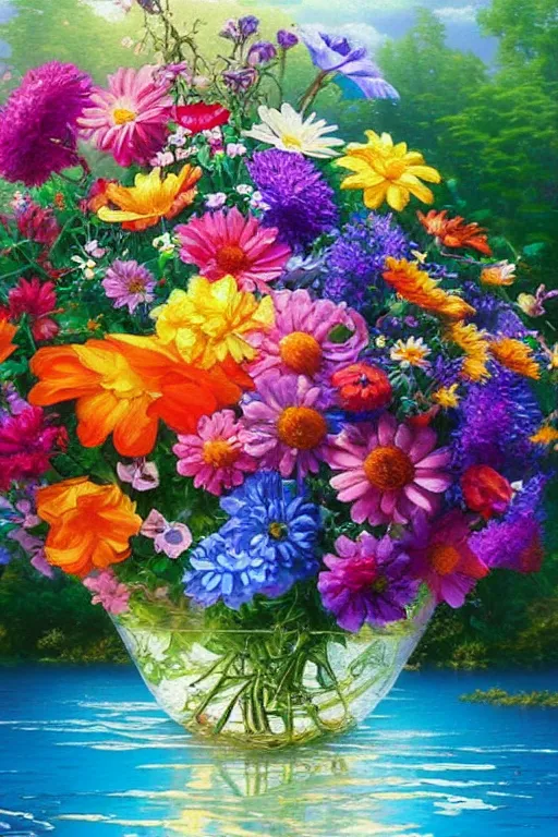 Prompt: beautiful oil painting of flowers in a fish bowl painted by Lisa Frank and thomas kinkade