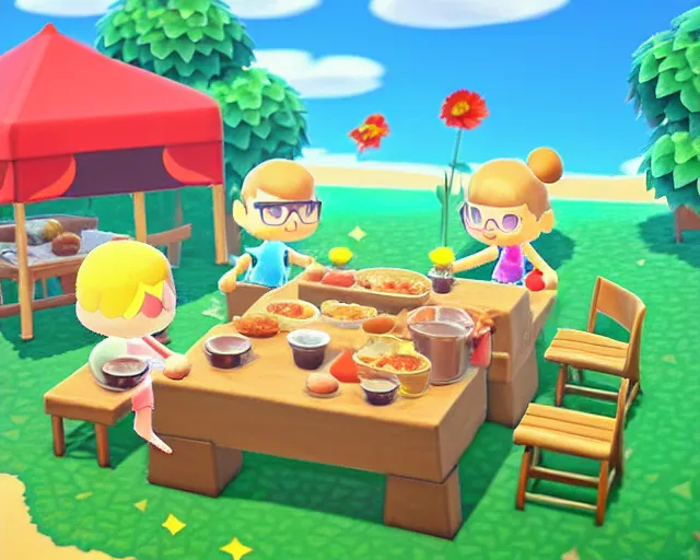 Prompt: animal crossing summer barbecue, hamburgers, sylvain sarrailh