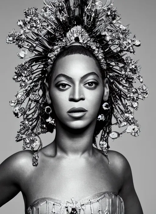 Image similar to photo of beyonce styled by nick knight posing, intricate headpiece, showstudio, face close up, vogue magazine, 2 0 2 0, canon, highly realistic. high resolution. highly detailed. dramatic. 8 k. 4 k. zeiss lens, canon eos, cinematic lighting, photography, film still