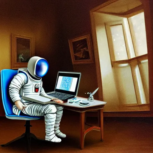 Prompt: an astronaut working on a laptop in an old ornate art gallery. photorealistic. highly detailed.