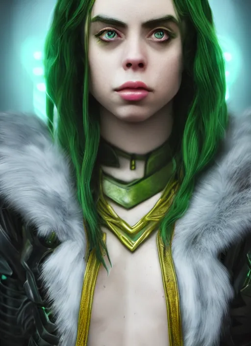 Image similar to billie eilish as female loki by Nixeu, Ian Sprigger, WLOP, Sakimichan, trending on artstation, hyper realistic, smooth octane render