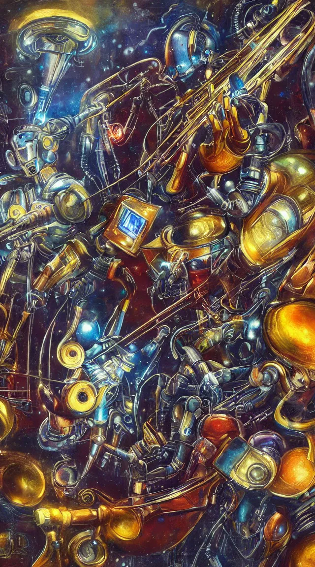 Image similar to jazz, sci fi, music notes, robot, wallpaper, masterpiece, hdr, hyperrealistic