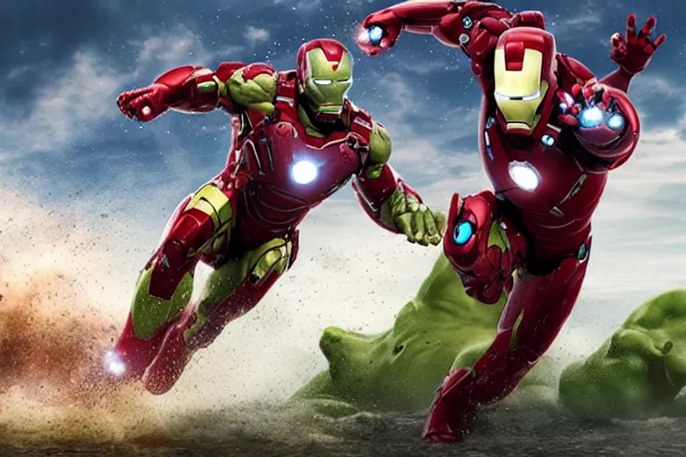 Image similar to ironman riding the hulk in a race, cinematic imax shot, retro, hyper detailed, windy mane, motion still