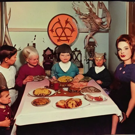 Image similar to occult satanic food ritual, family photo, 1 9 6 0 s, kodachrome