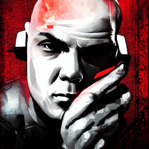 Image similar to agent 4 7 laying down listening to music in front of large stereo speakers surrounded by cables, black background, red rim light, highly detailed, smooth, sharp focus, art by maciej kuciara