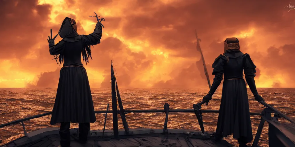 Prompt: medieval woman ship pilot from behind standing at the bow of a ship at sea, dramatic golden neon sunset with thick wall of storm clouds, dynamic lighting, hyperrealistic, HD 4k, artstation