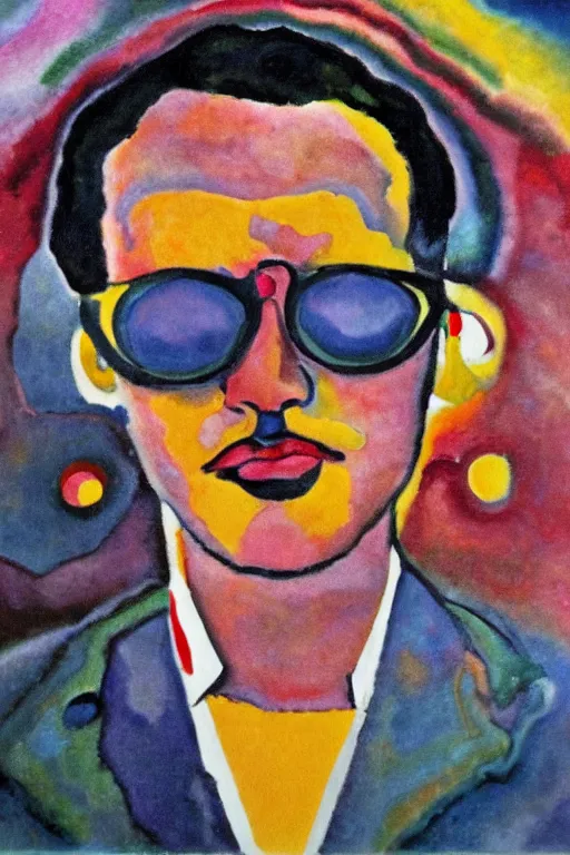 Prompt: a movie star portrait, closeup, perfect features, symmetrical, wearing huge sunglasses made by wassily kandinsky