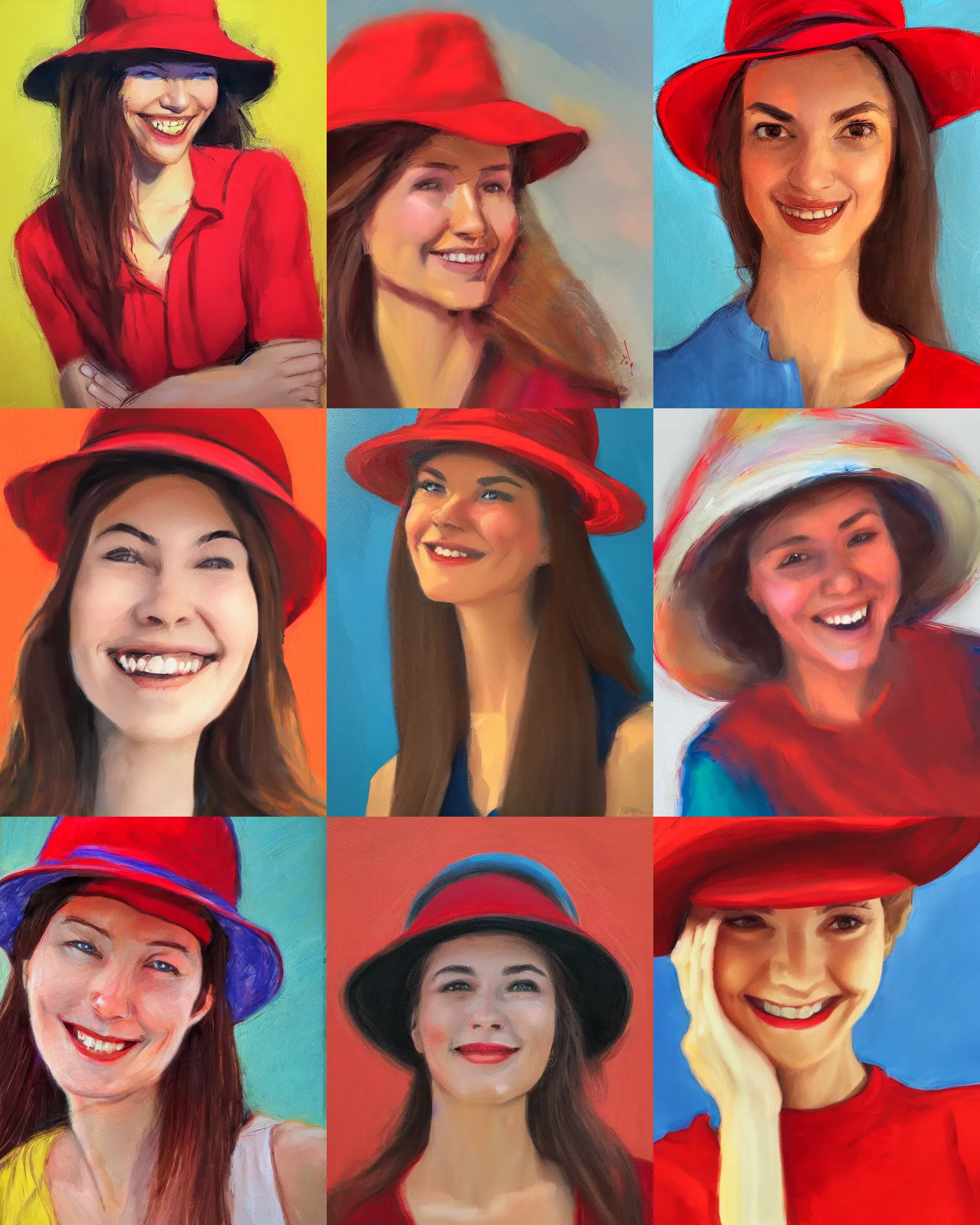 Prompt: portrait of a smiling woman with hat, red shirt, colorful, by paul katz, trending on artstation, close up