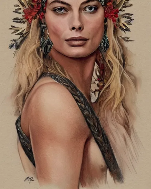 Image similar to realism tattoo sketch of margot robbie as a beautiful greek goddess aphrodite with piercing eyes wearing a laurel wreath and triangle earrings, in the style of greg rutkowski, amazing detail